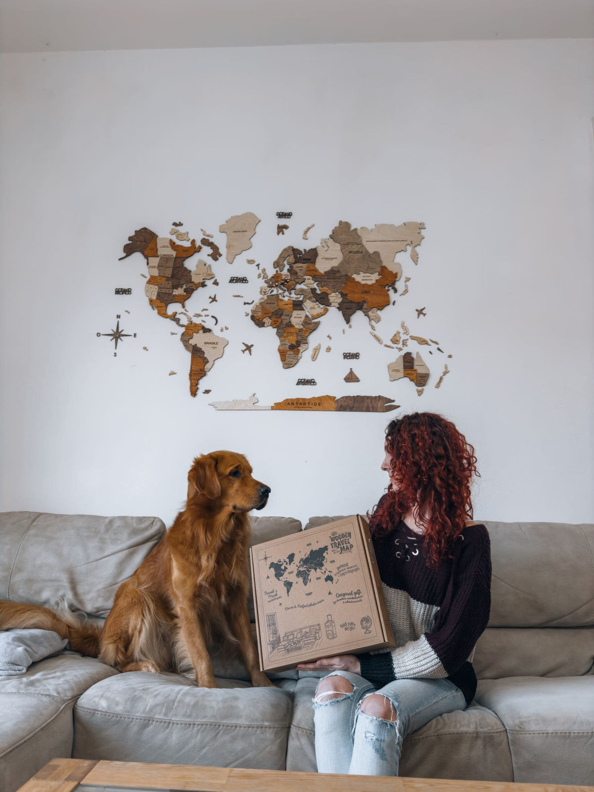 3D Wooden World Map Multicolor - Size L Prime
